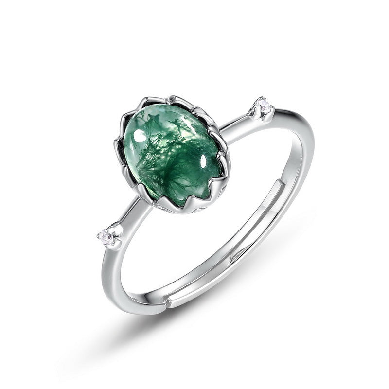 S925 Sterling Silver Moss Agate Geometric Ring