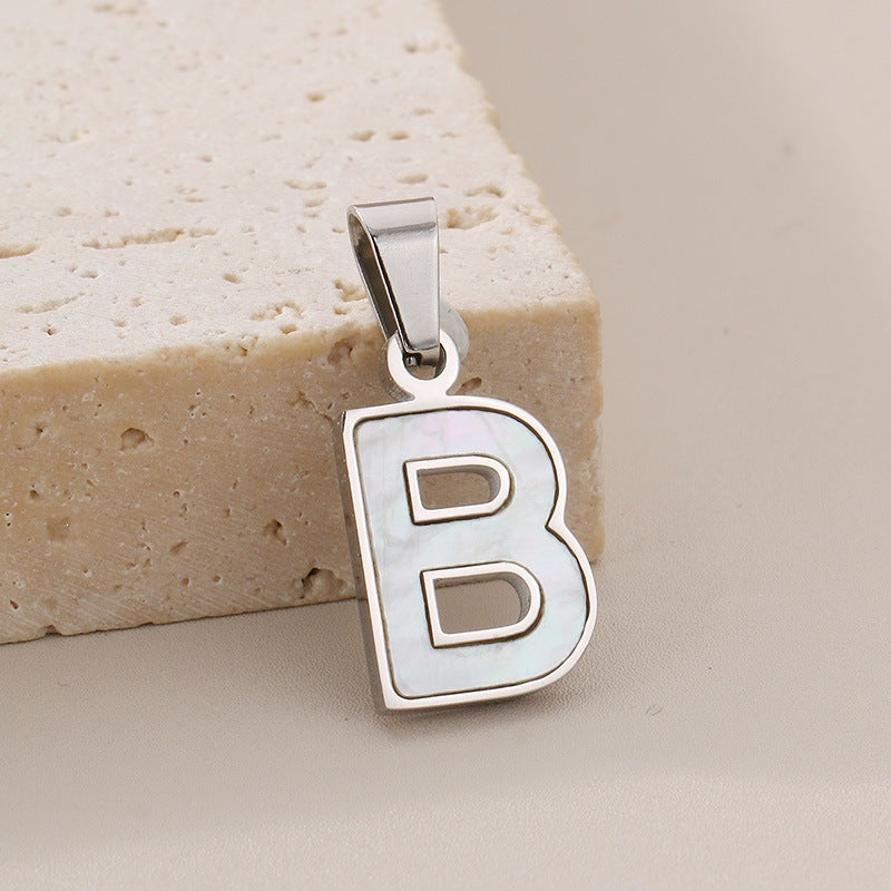 Women's'S Titanium Steel 26-Letter Pendant, White Fritillary Inlaid Stainless Steel Necklace