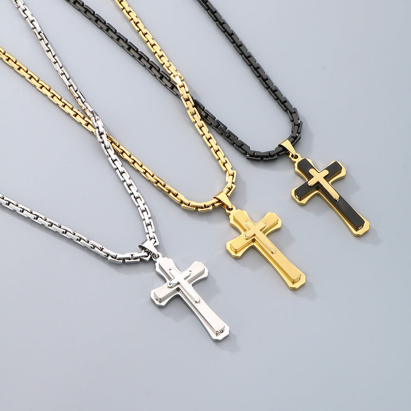 Planderful Men Cross Necklace Bamboo ThreeLayer Titanium