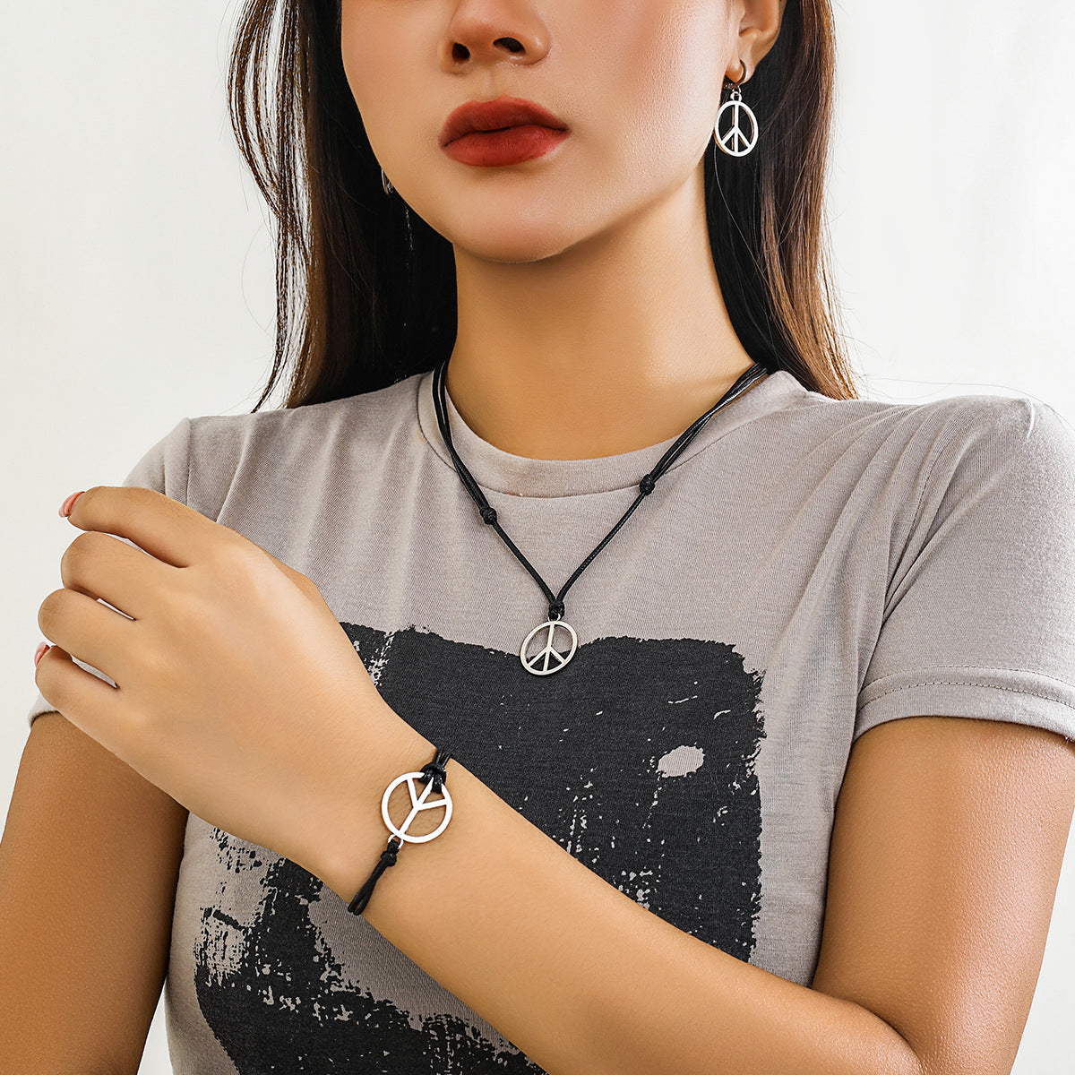 Star Shaped Life Tree Drawstring Necklace Set with Retro Peace Symbol