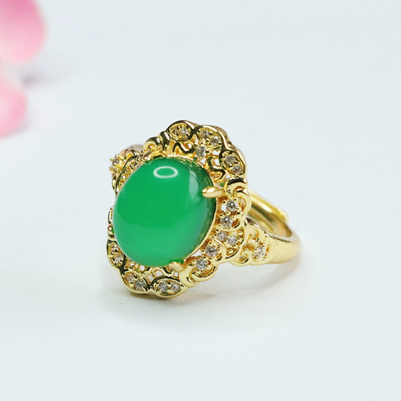 Golden Palace Style Chalcedony Ring with Zircon Flower Lace