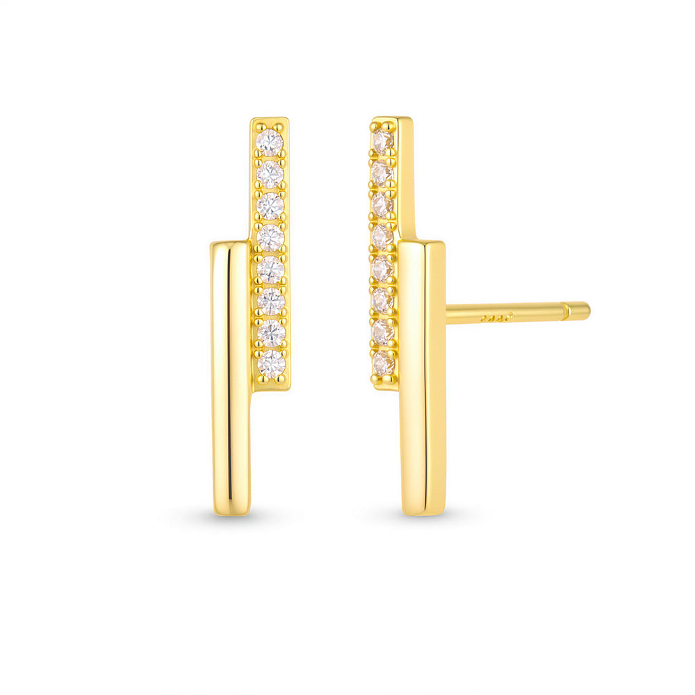S925 Sterling Silver Zircon One-Word Design Stud Earrings Double Row Geometric Lines Small