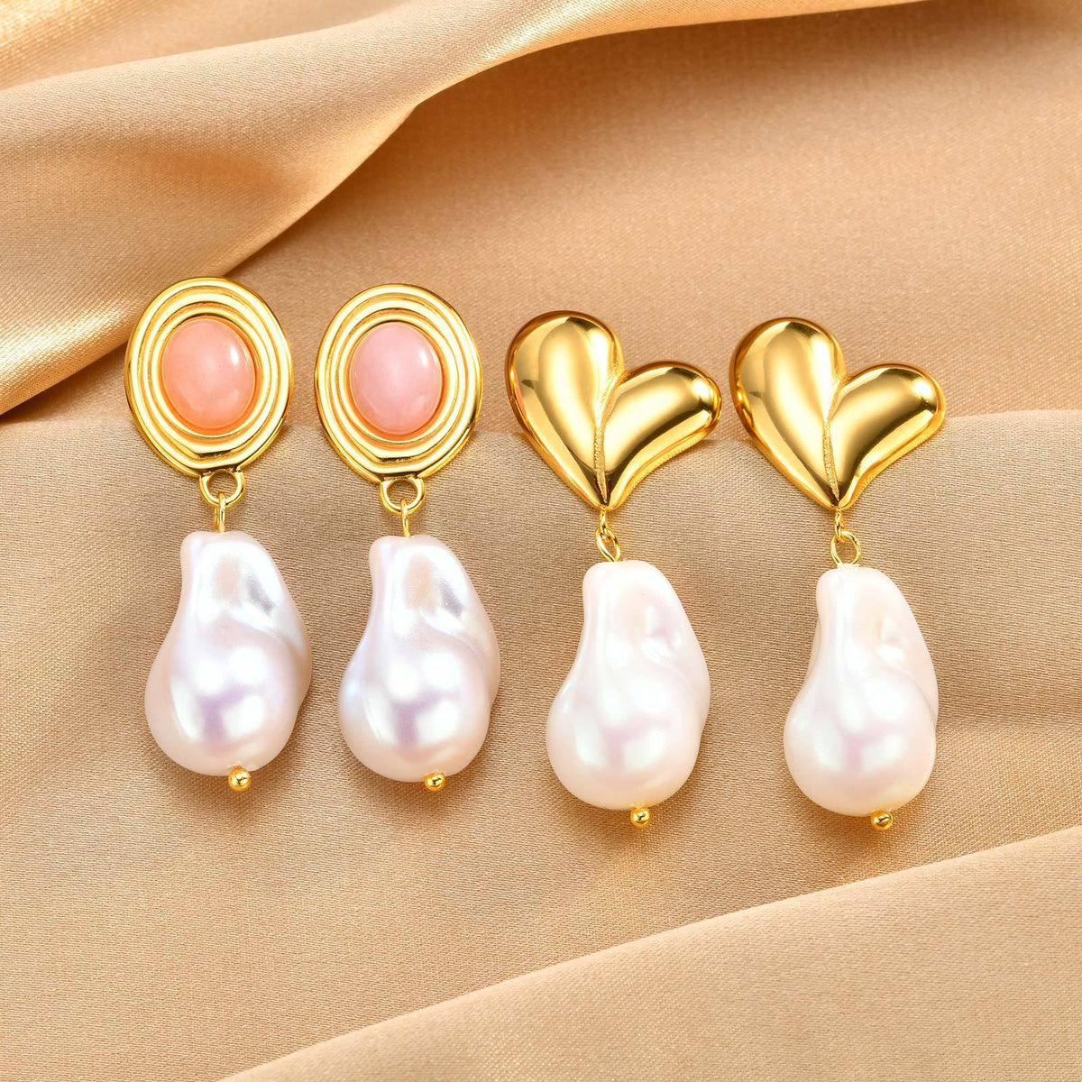 Gold-Tone Double-Heart Baroque Pearl Drop Earrings