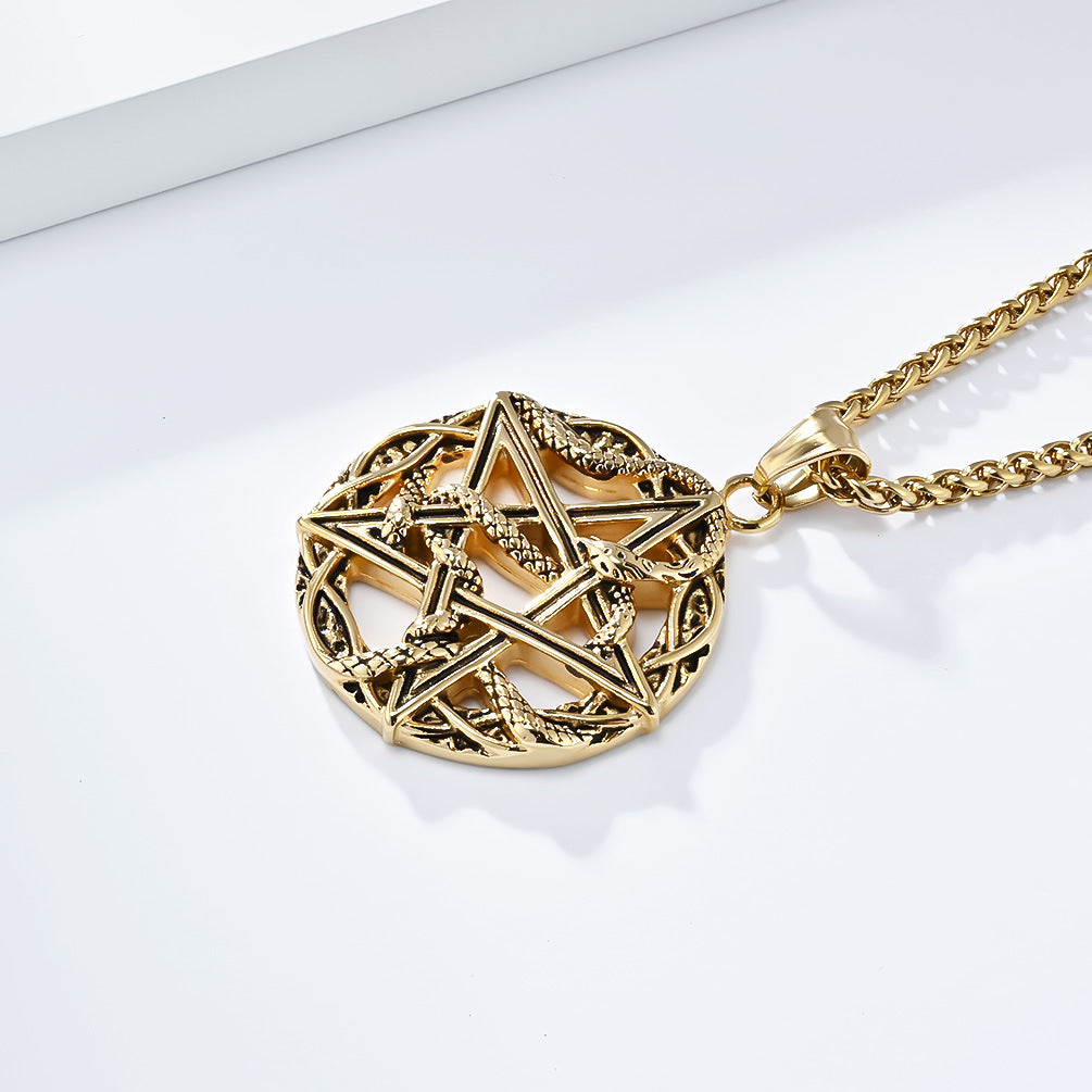 Planderful Pentagram Necklace Titanium Steel With Python Wrapped For Gothic Punk Lovers