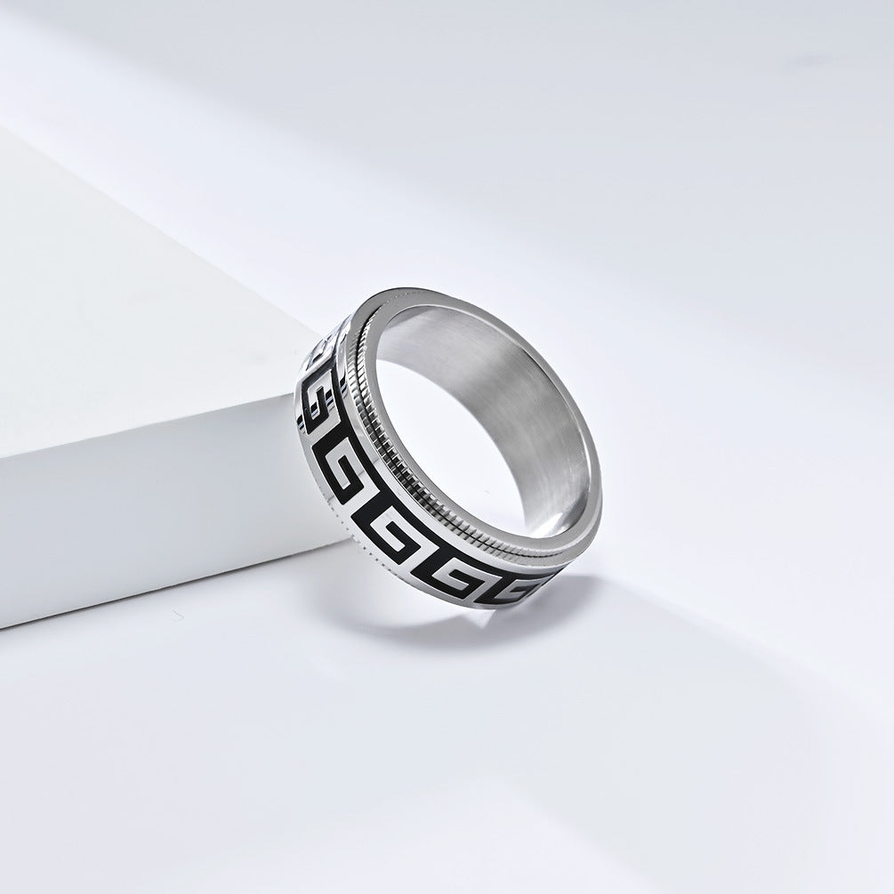 Planderful Rotatable Decompression Ring For Men With Retro Great Wall Pattern In Titanium Steel