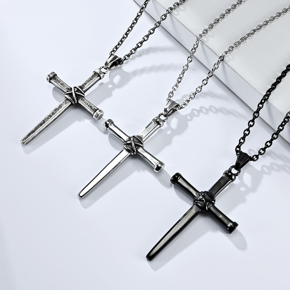 Neutral Cold Wind Retro Forged Steel Nail Cross Necklace for Men