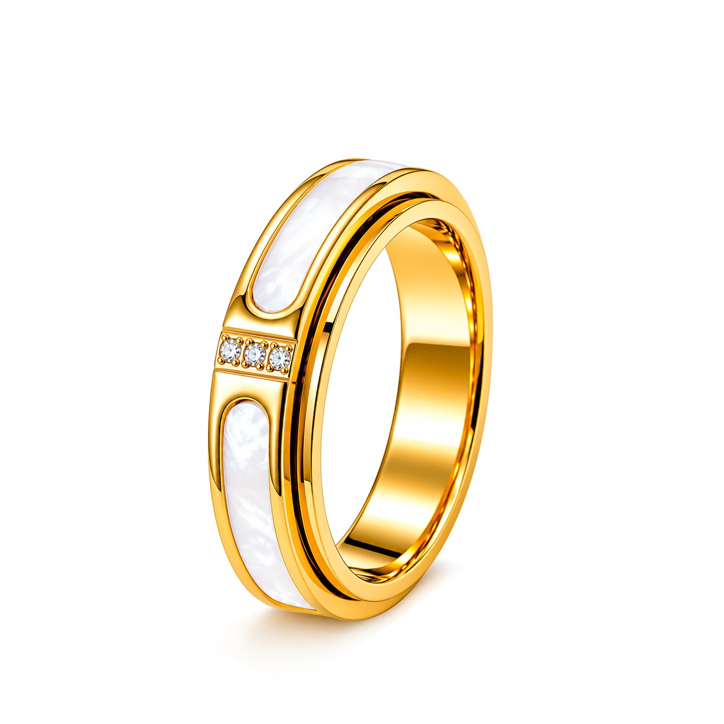 Planderful Everyday Genie Stainless Steel Rotatable Ring With White Mother Of Pearl Inlay Zircon Unisex Couple Jewelry