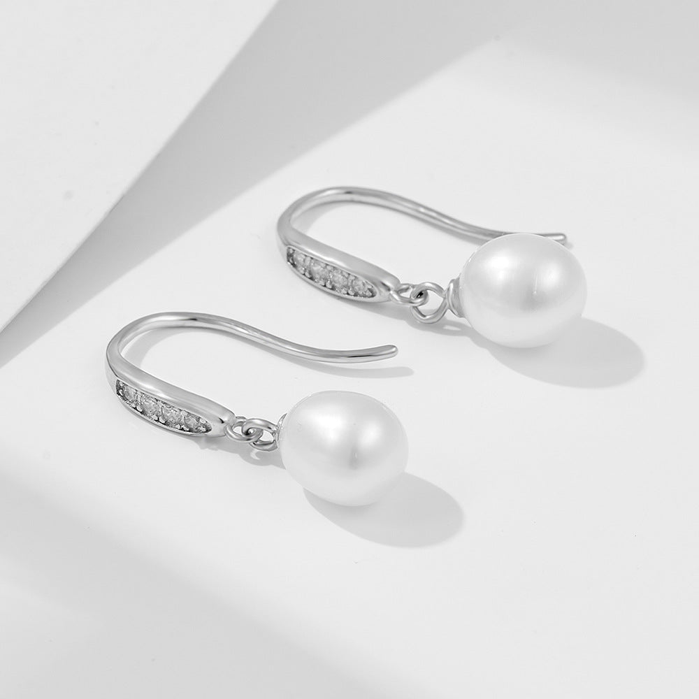 S925 Sterling Silver Freshwater Pearl Long Ear Hook Earrings Retro Earrings