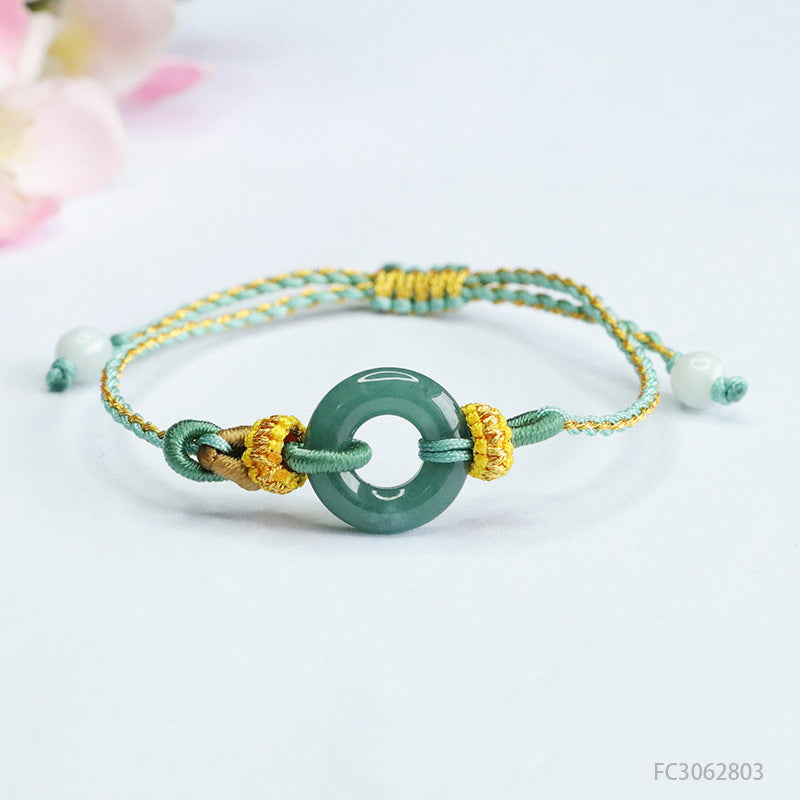 Blue Water Jadeite Peace Ring Cord Bracelet