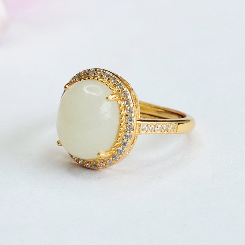 Sterling Silver Jade Halo Ring with Zircon Accent