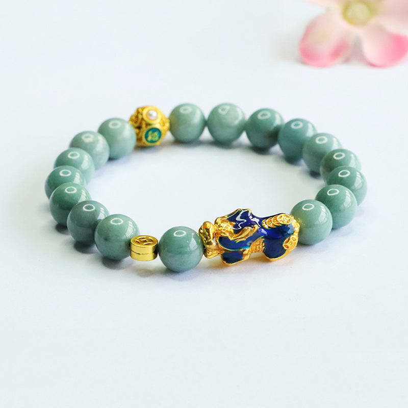 Blue Water Jadeite Pixiu 9 mm Beaded Bracelet