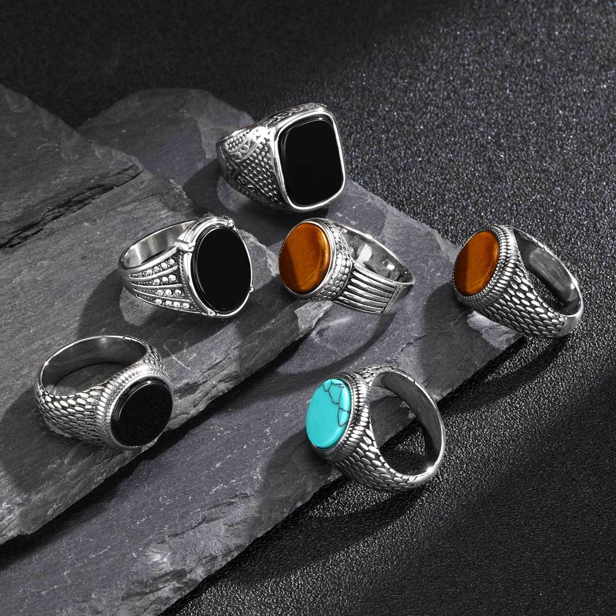 Stainless Steel Ring Square Glass Stone Oval Natural Tiger's Eye Agate
