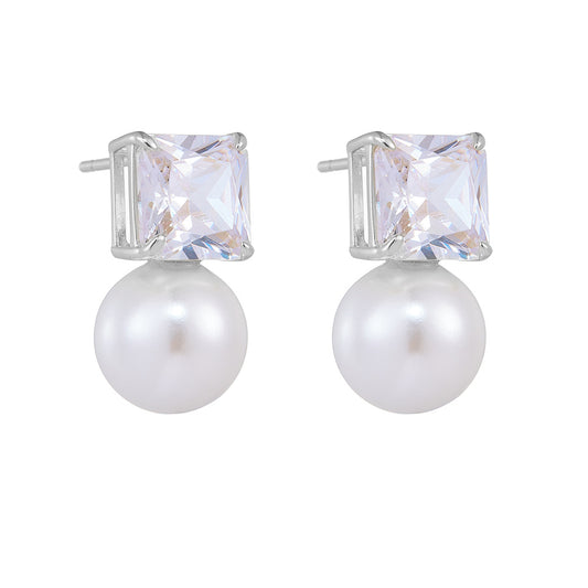 Round Pearl Pendant Princess Cut Zircon Sterling Silver Drop Earrings
