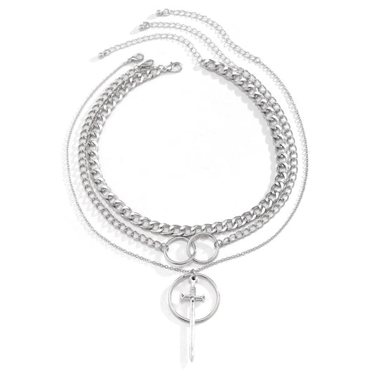 Exaggerated Tassel Necklace with Sword Shape Pendant and Ring Chain for Women's Hip-hop Style Trend