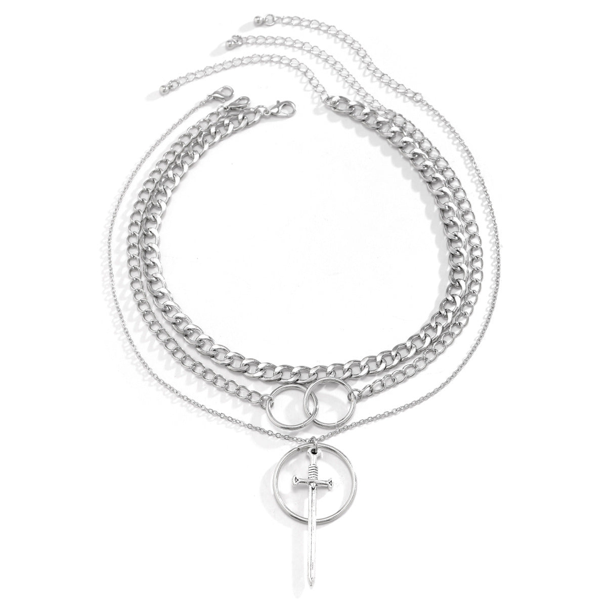Exaggerated Tassel Necklace with Sword Shape Pendant and Ring Chain for Women's Hip-hop Style Trend
