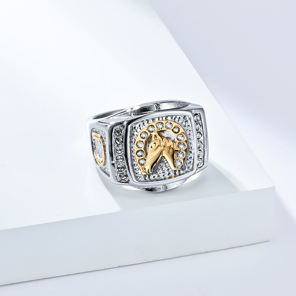 Planderful Shop Hip Hop Horse Head Ring Stainless Steel 18K Gold Plated With Zircon For Men Size 7 To 13