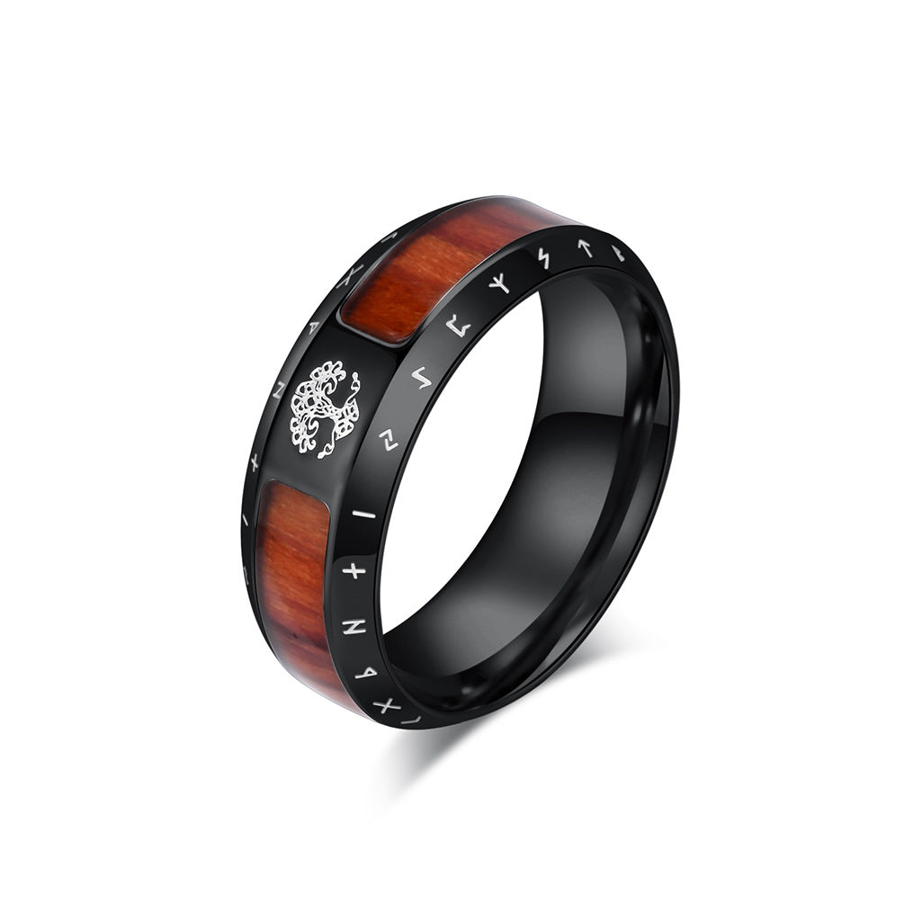 Steel Ring – Vintage Nordic Viking World Tree Men's Ring With Wood Grain Texture And Bold Design