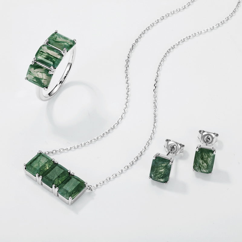 S925 Sterling Silver Moss Agate Geometric Necklace