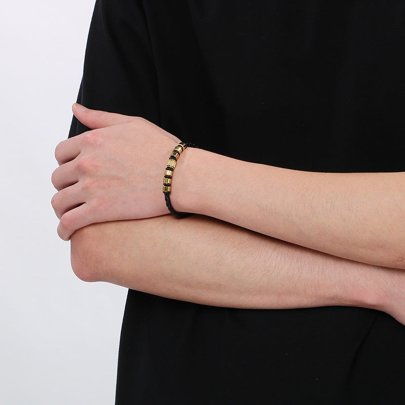 Business Style Men's Leather Rope Bracelet – Stainless Steel Bead Layered Woven Leather