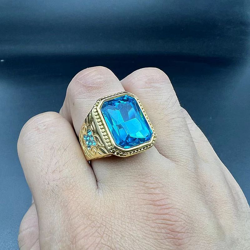 Planderful Hip Hop Ring For Men Gold Plated Titanium Steel Ice Blue Rhinestone Glass Gem Everyday Genie