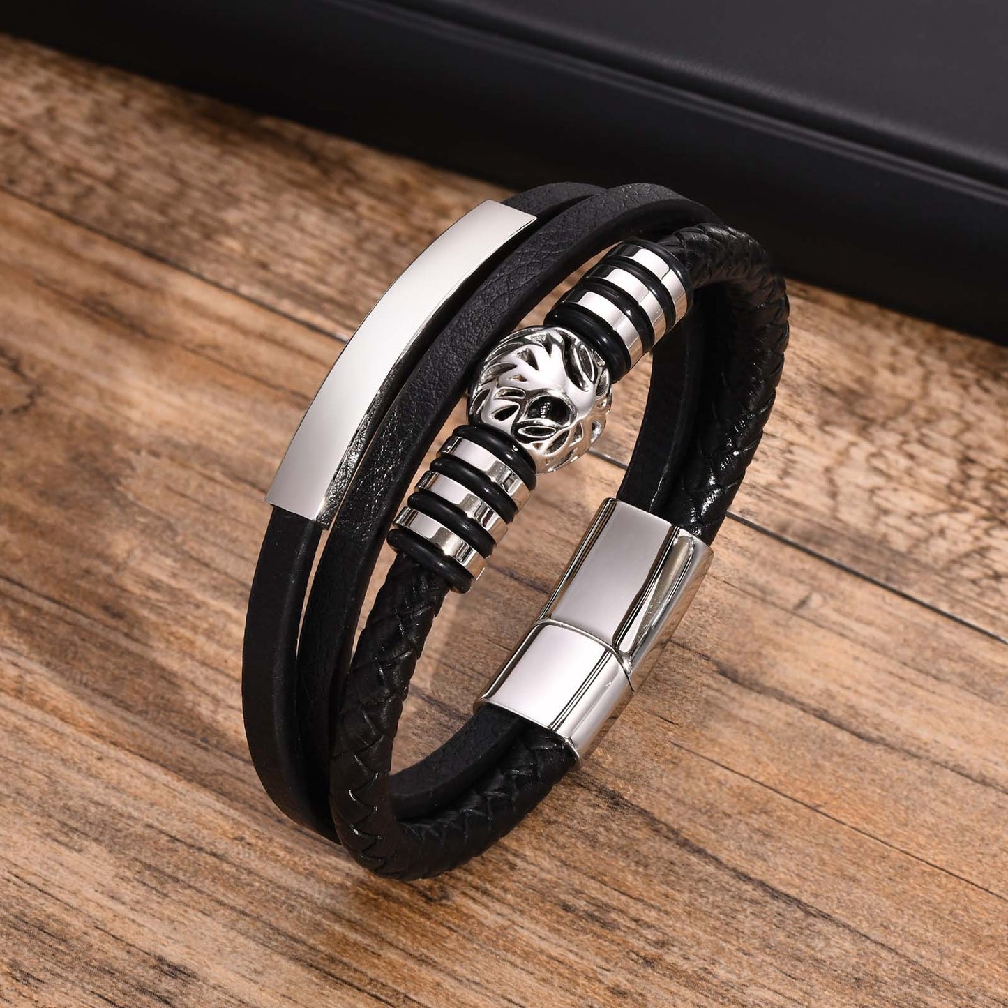 Stainless Steel Curved Tree of Life Men's Three-Layer Bracelet