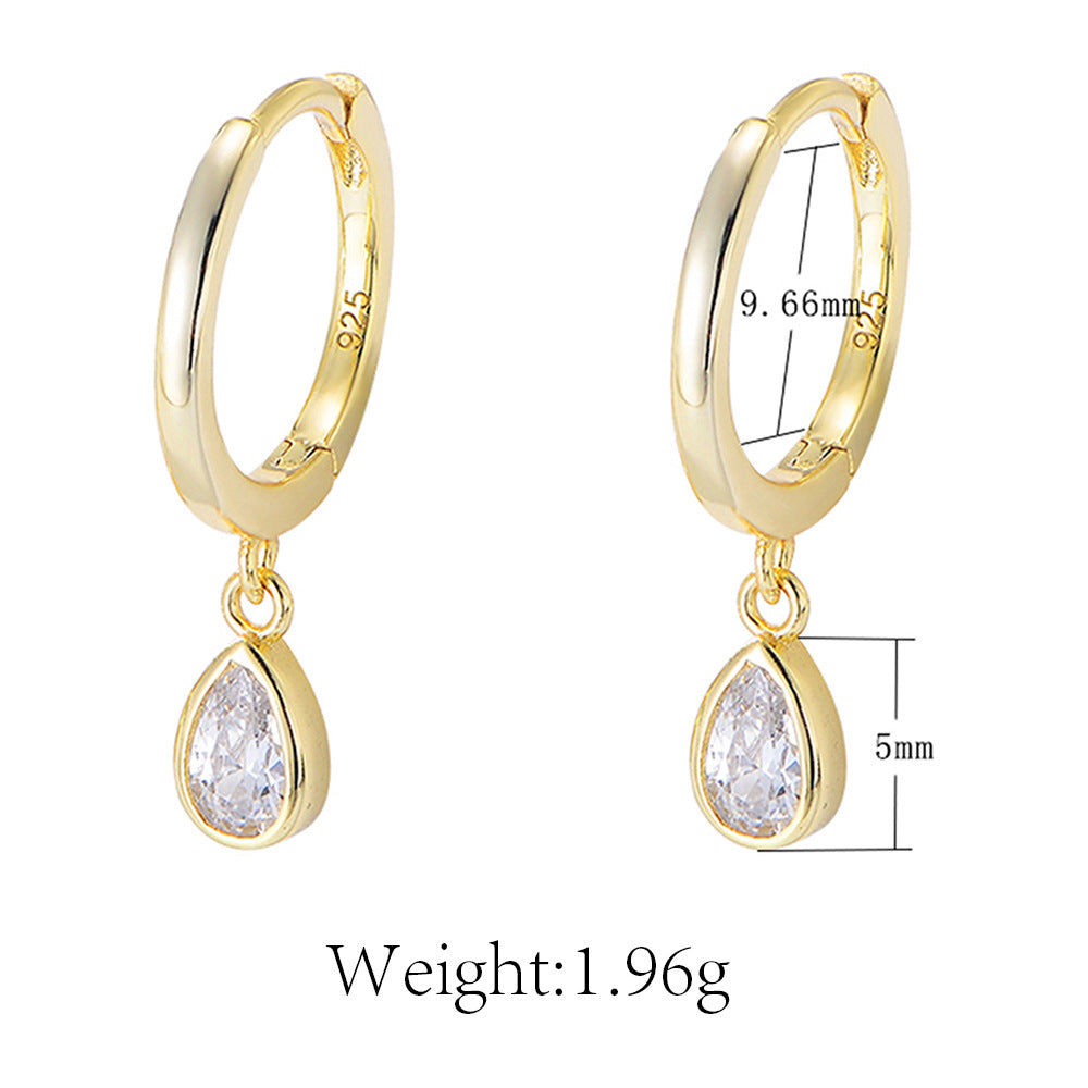 S925 Sterling Silver Drop-Shaped Zircon Earrings C-Shaped Ear Buckles Retro Classic Earrings