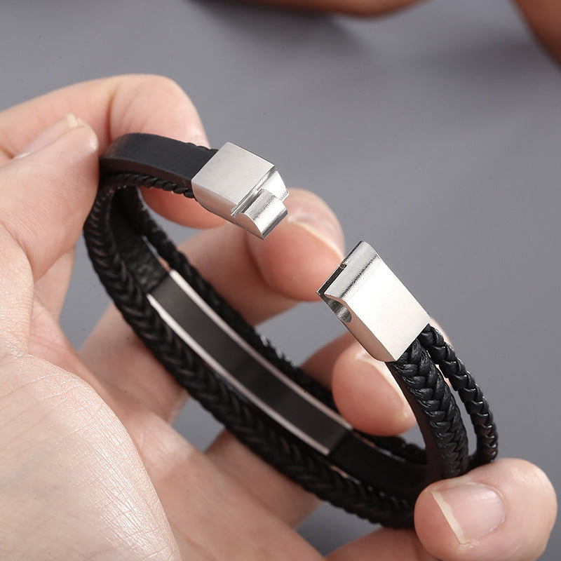 Planderful Magnetic Leather Bracelet Men Premium Stainless