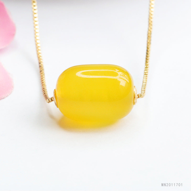 Yellow Chalcedony Barrel Bead 18K Gold-Set Pendant — No Chain