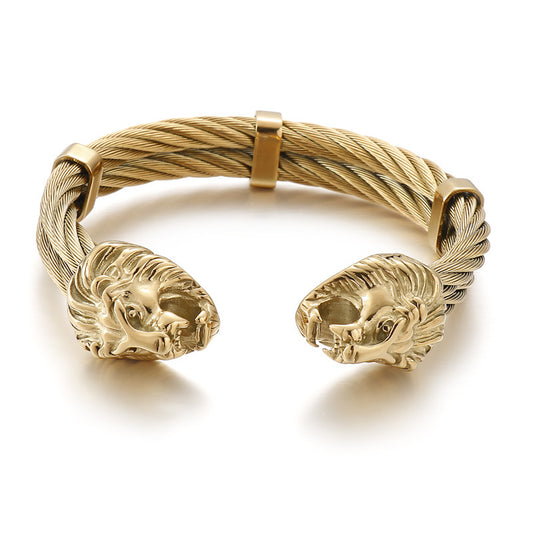 Punk Style Braided Wire – Lion Head Wolf Head Titanium Steel Men's Bracelet