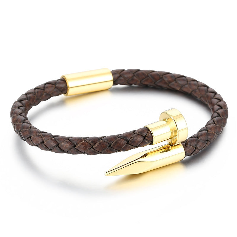 Cowhide Woven Stainless Steel Nail Bracelet – Men's Magnetic Buckle Leather Bracelet