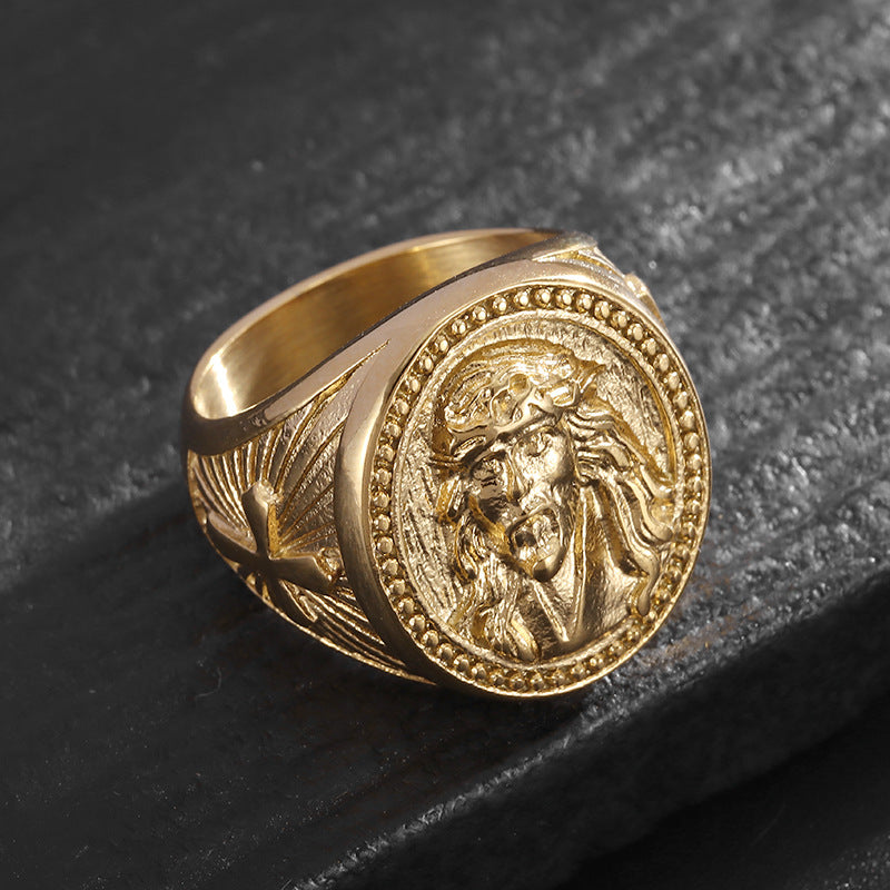 Hip Hop Ring Planderful Everyday Genie Titanium Steel Gold Plated Jesus Cross Mens Ring Size 7 to 13