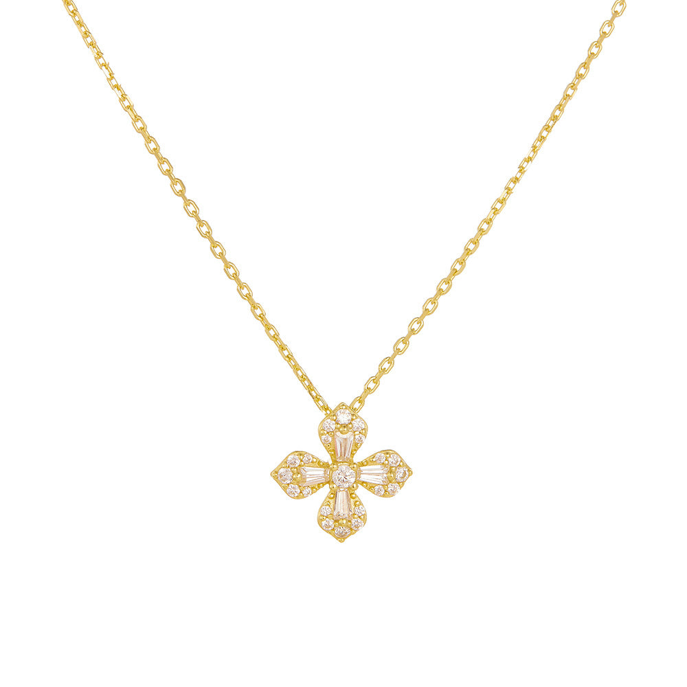 French Micro-Inlaid Zircon Petal Four-Leaf Clover Necklace 925 Sterling Silver And