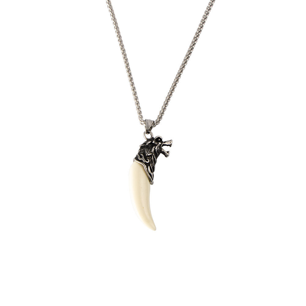 Titanium Steel Punk Wolf Tooth Men's Necklace with Resin Pendant - Ethnic Style Animal War Wolf Head Design