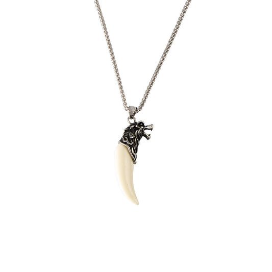 Titanium Steel Punk Wolf Tooth Men's Necklace with Resin Pendant - Ethnic Style Animal War Wolf Head Design