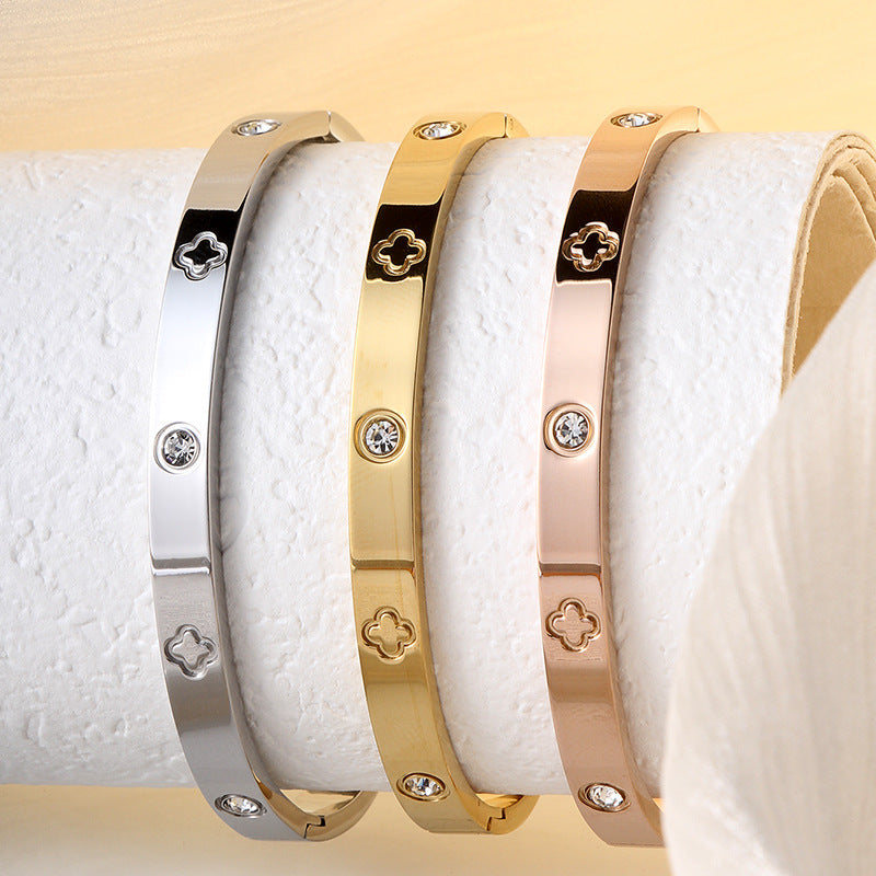 Planderful Jewelry Rose Gold Zircon Four Leaf Clover Bracelet Stainless Steel Open Bangle