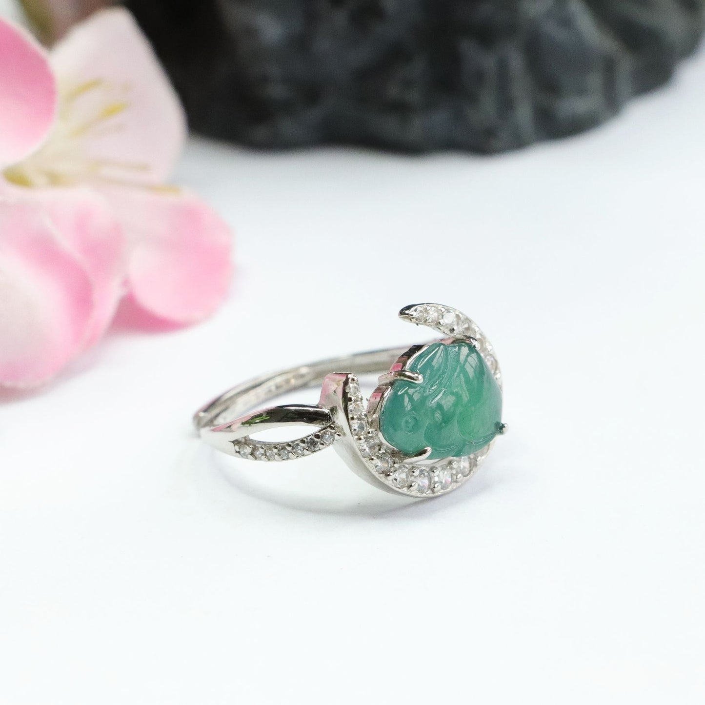 Sterling Silver Adjustable Jade Rabbit Moon Ring