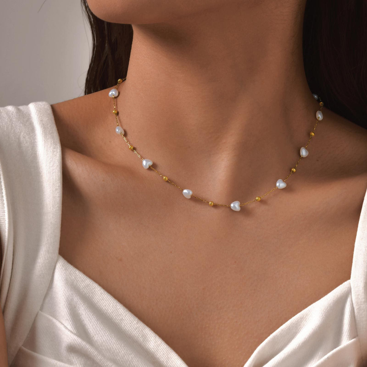 Stainless Steel Round Bead Heart Imitation Pearl Necklace Bracelet Gold Ladies Elegant