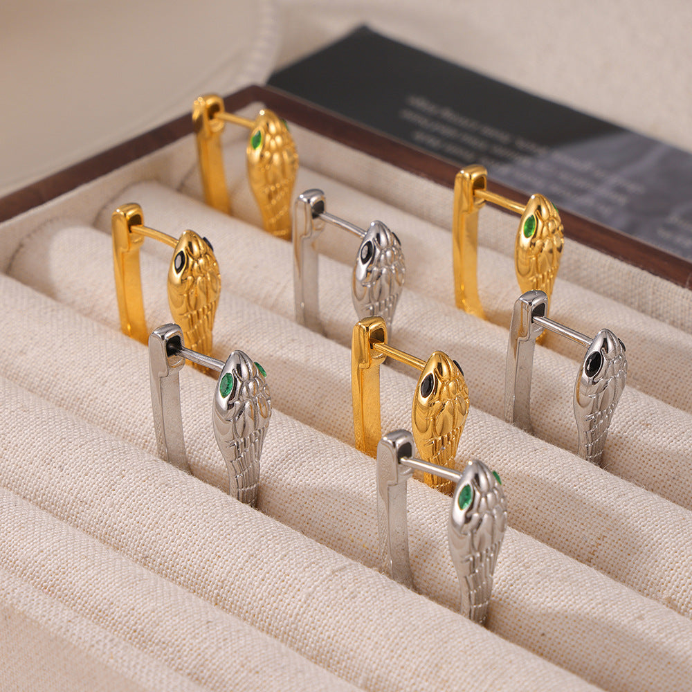 Snake Charm Geometric Diamond Earrings - Titanium Steel U-Shaped Design