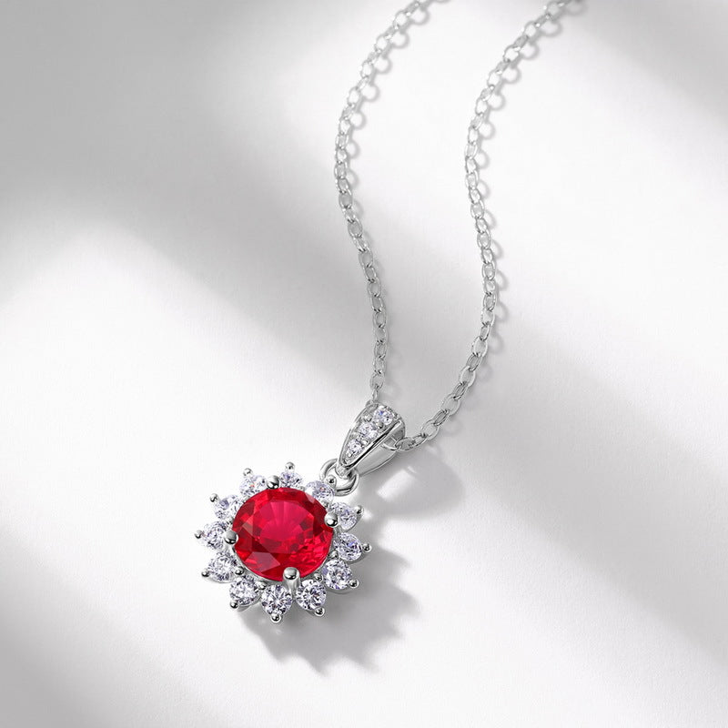 S925 Sterling Silver Lab-Grown Ruby Round Pendant Necklace