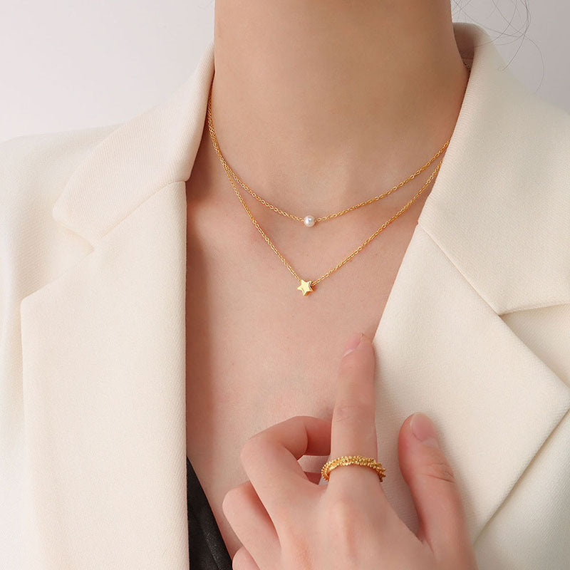Golden Star Pearl Pendant Necklace - Fashion Jewelry for Women