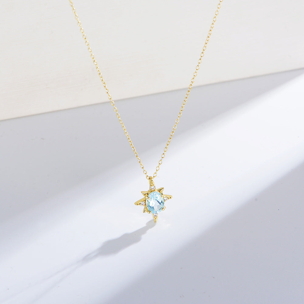 S925 Sterling Silver Eight-Pointed Star Pendant, Japanese Minimalist Sky Blue Natural Topaz Necklace Trendy
