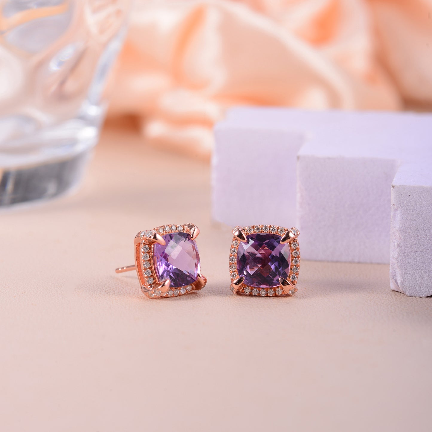 Soleste Halo Square Natural Amethyst Silver Stud Earrings