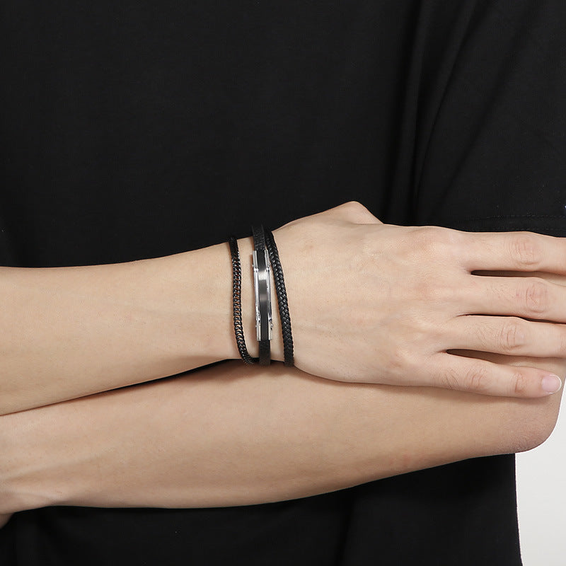 Planderful Mens Leather Bracelet MultiLayer Magnetic Buckle
