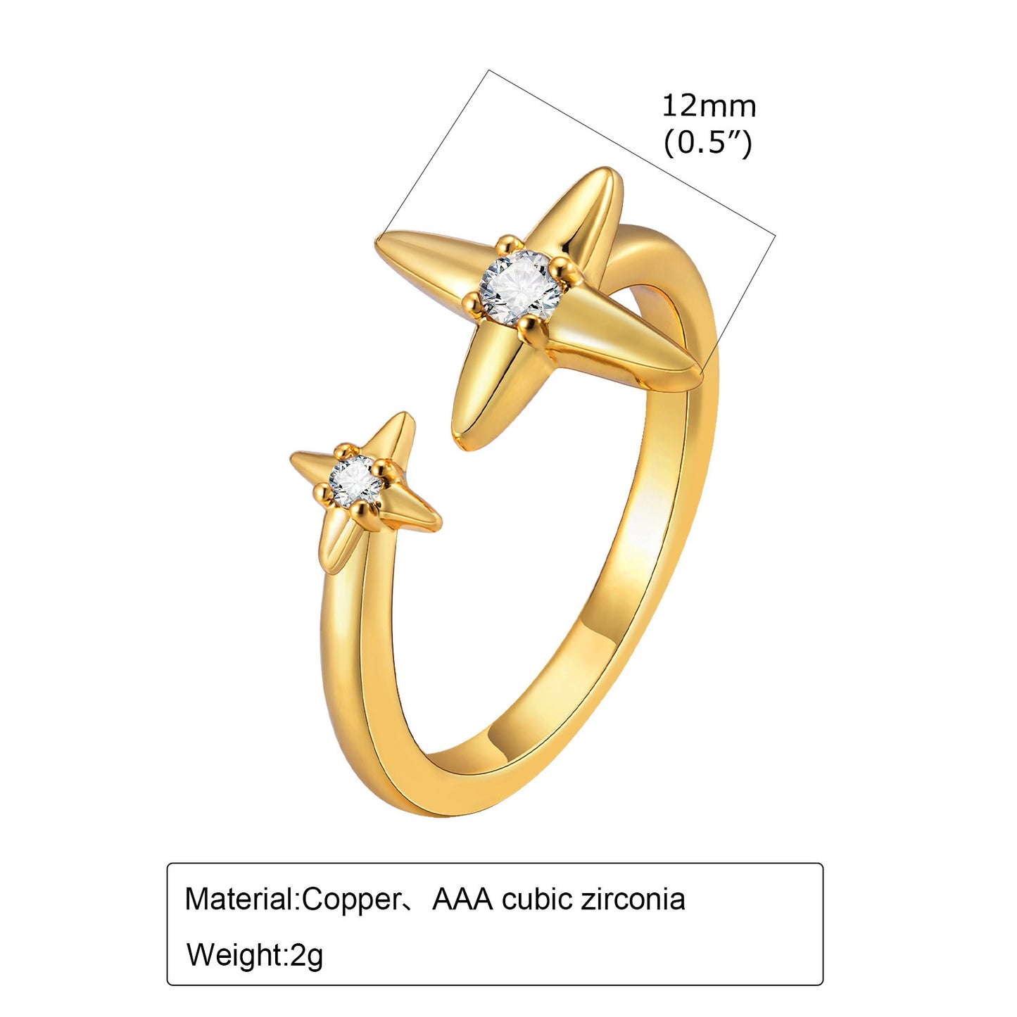Ladies Gold Copper Zircon Quadrangram Water Drop Leaf Open Ring Jewelry