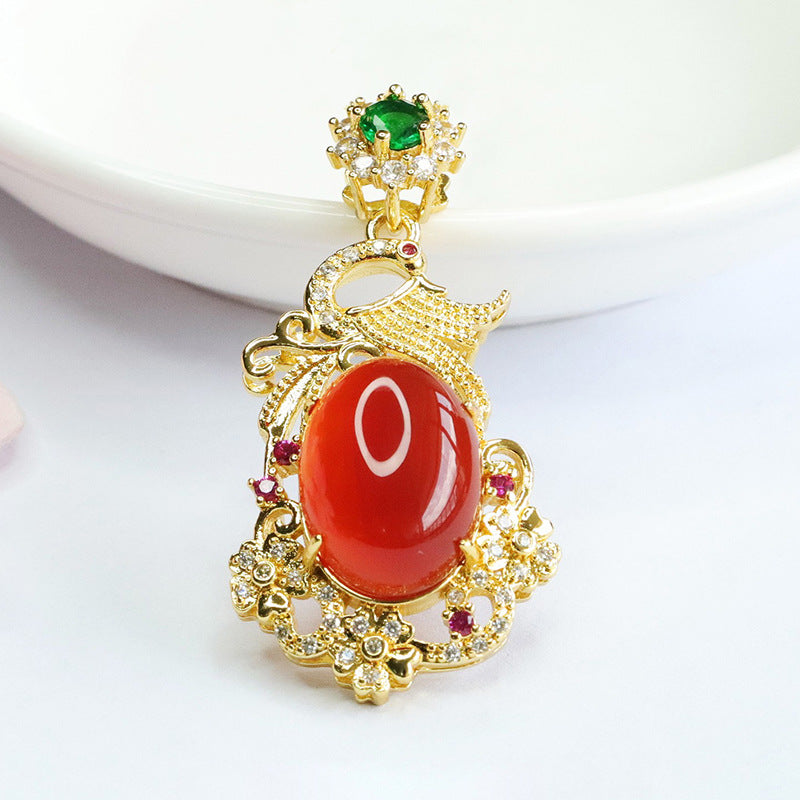 Oval Red Agate Phoenix Pendant Zircon Necklace