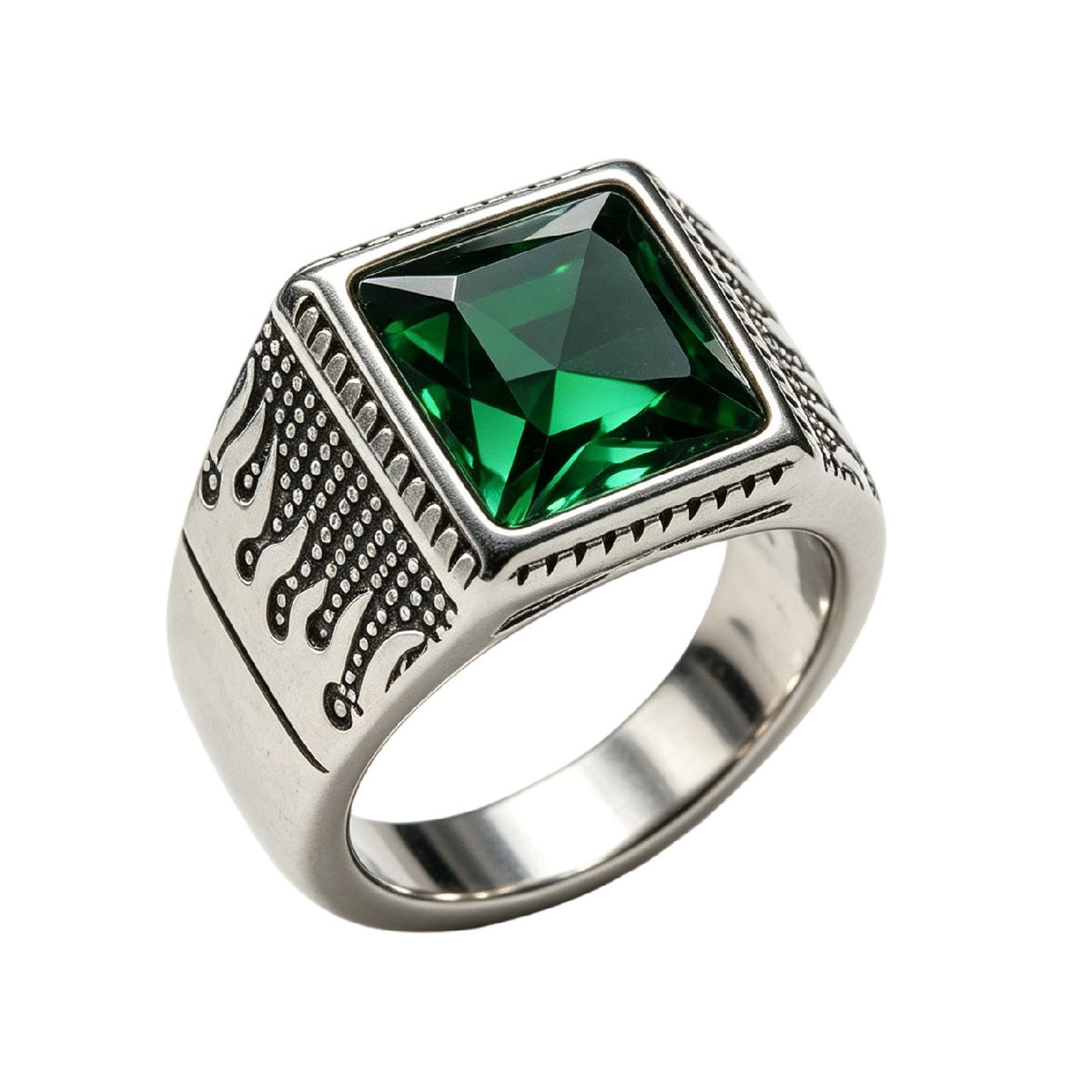Flame-Detail Gemstone Titanium Steel Ring