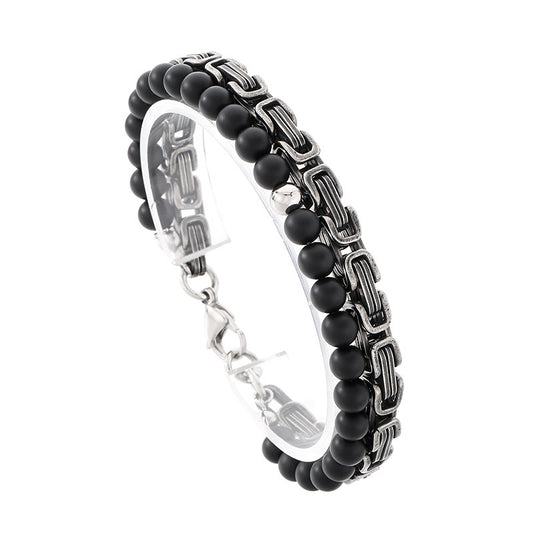 Planderful Mens Black Agate Double Layer Emperor Bracelet
