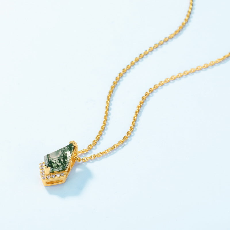 S925 Sterling Silver Moss Agate Geometric Pendant Necklace