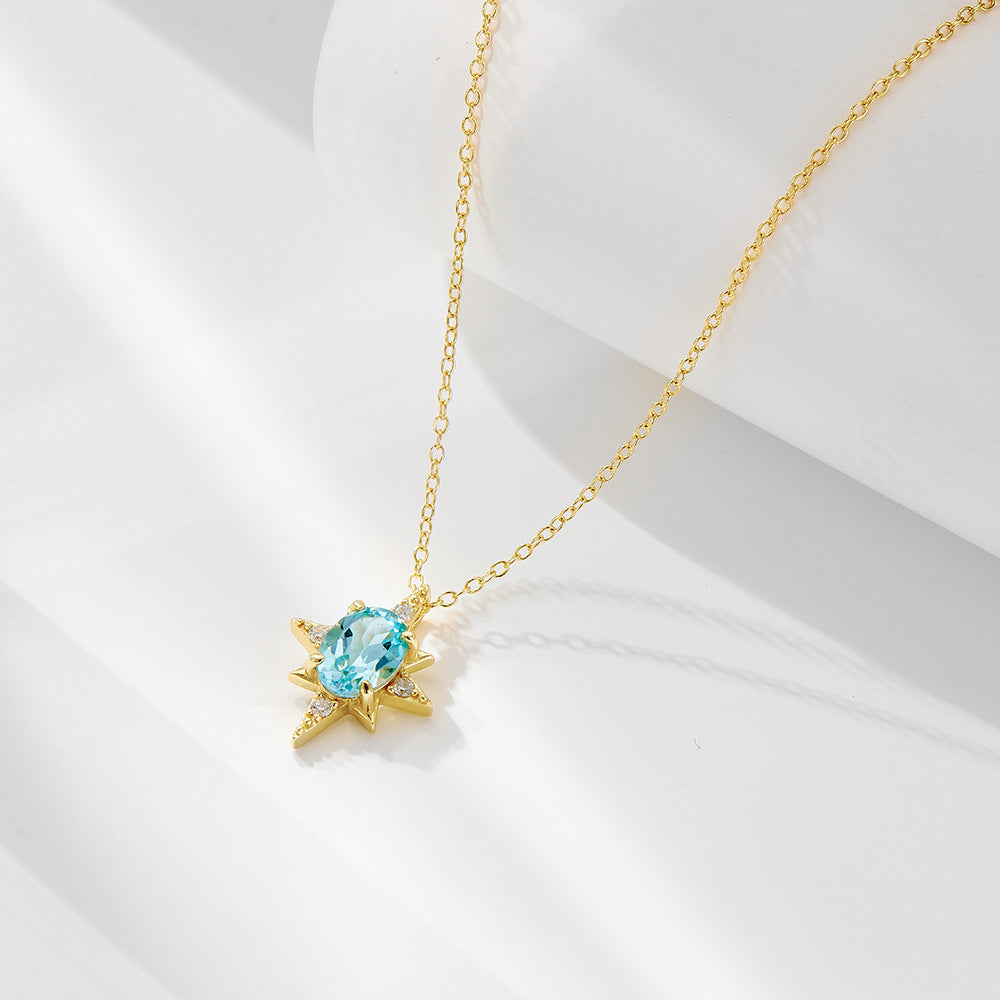 S925 Sterling Silver Octagram Pendant Sky Blue Natural Topaz Necklace