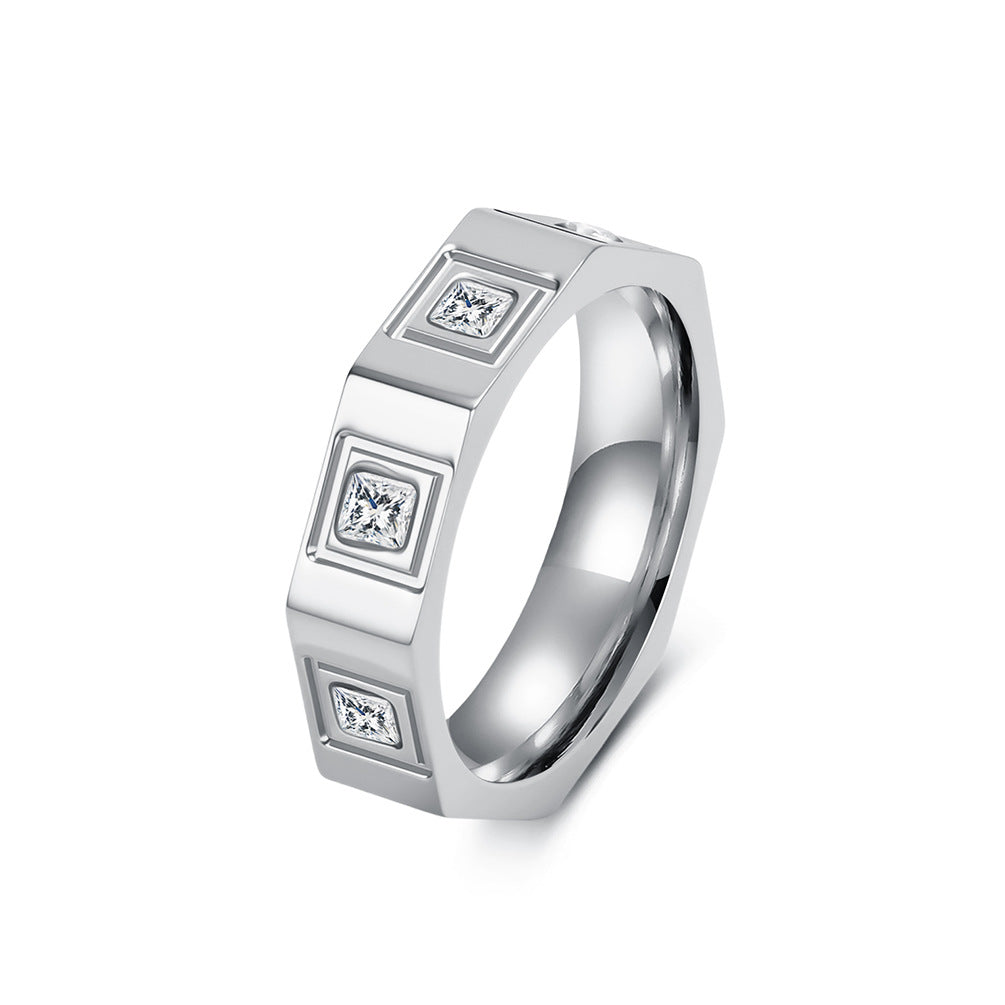 Geometric Eight-Sided Full Zircon Stainless Steel Ring Unisex